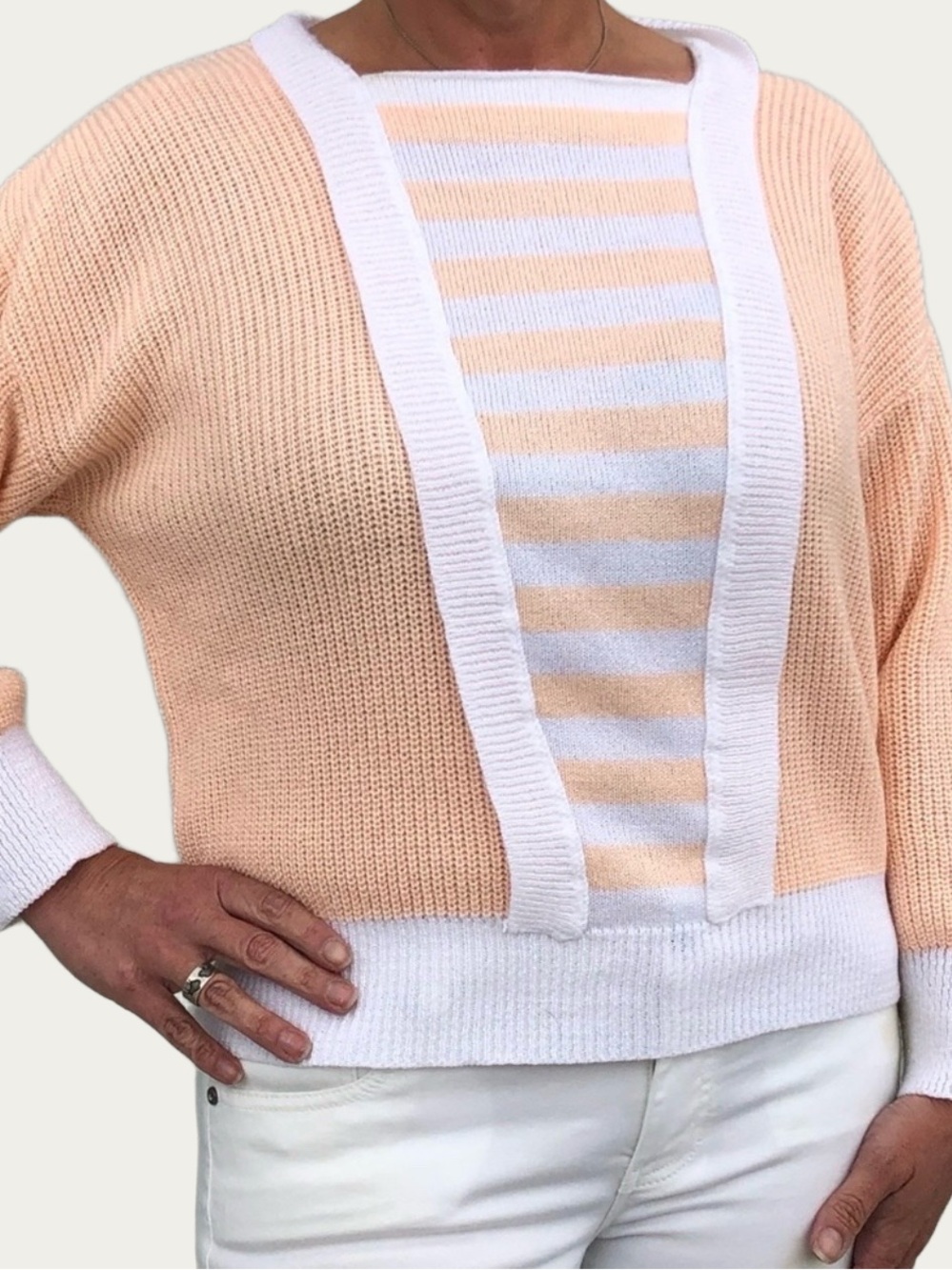 Savion Ignacy Feuer Vintage Sweater Cut Off Cropped Knit Pink & White Stripe